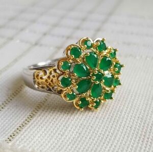 New 18K Gold Plated and 925 Silver Emerald Flower Two Toned Ring for Women